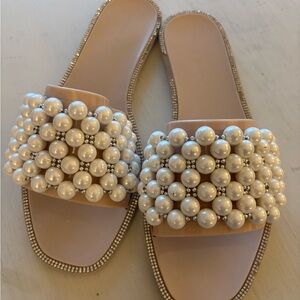 Cream Pearl Beaded Slide Sandals with Textured Upper